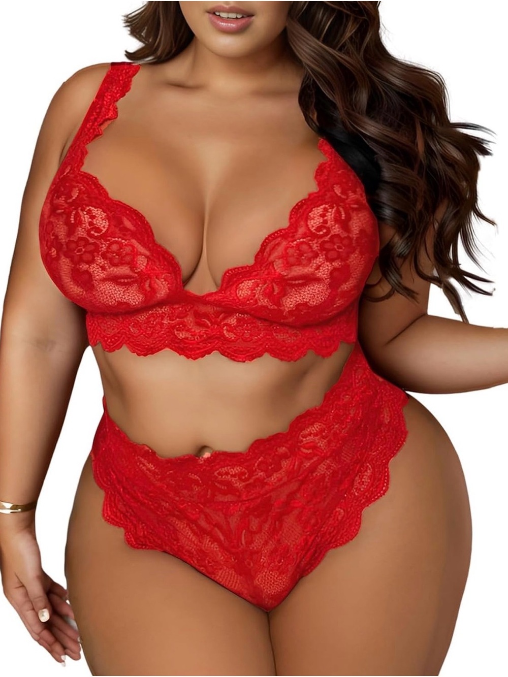 Plus-Size Red Lace Bralette and High-Waist Panty Set